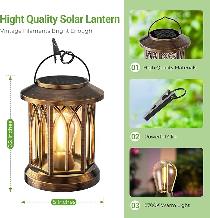 WdtPro Solar Lanterns Outdoor Lights, 6 Pack Bright Lanterns Outdoor Waterproof with Clip Patio Decor, Hanging Solar Lights for Outside Garden Yard Front Porch Table Decoration (Antique Copper)