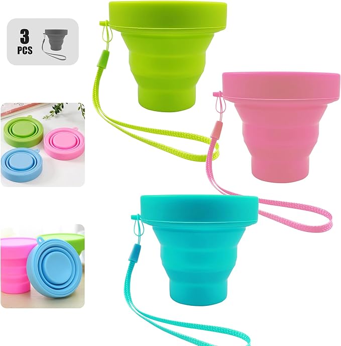 Silicone Collapsible Water Cup,Outdoor Folding Reusable Mug with Lid Lanyard,Camping Travel Hiking Expandable Drinking Jug,Portable BPA Free Food Grade Container,170ml/6oz(3pcs)