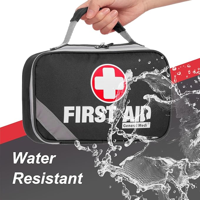 General Medi 2-in-1 First Aid Kit (215 Piece Set) + 43 Piece Mini First Aid Kit -Includes Ice(Cold) Pack, Moleskin Pad and Emergency Blanket for Travel, Home, Office, Car, Workplace(Black)