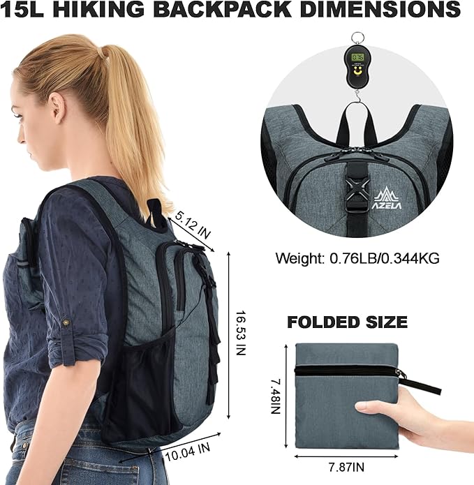 Seektop 15L Small Hiking Backpack for Women Men, Foldable Packable Backpack with Phone Pocket, Lightweight Travel Daypack for Hiking Camping Outdoor (Gray)