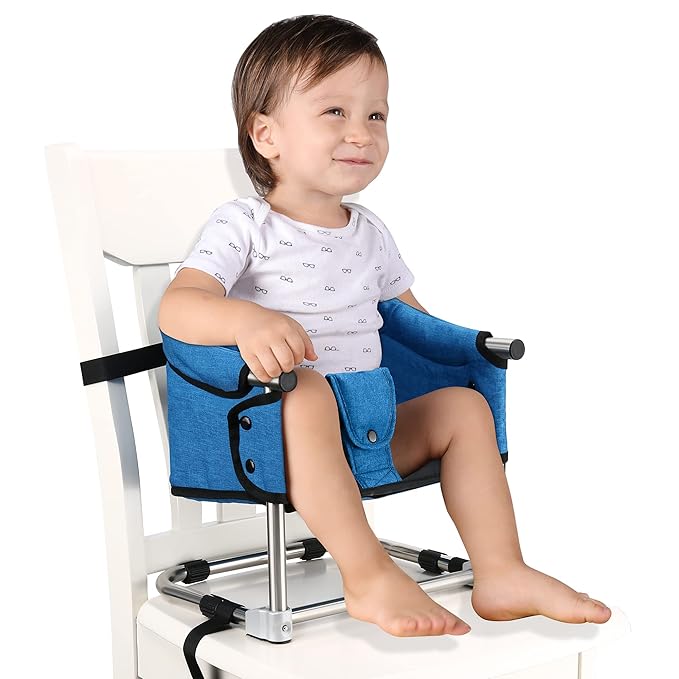 Booster Seat for Dining Table: Portable Toddler Booster Chair with Safety Buckle and Height Adjustable, Foldable Baby Feeding Chair, Kids High Chair Booster Seat for Kitchen Home Travel - Bright Blue