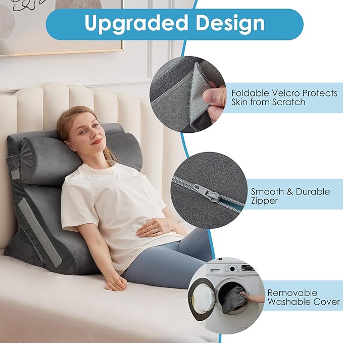 3PCS Bed Wedge Pillow for Headboard, Adjustable Wedge Pillow for Sleep Apnea, 23” Wide Triangle Pillow Wedge Set for After Surgery, Acid Reflux Relief, Snoring, Neck&Back Support, Grey