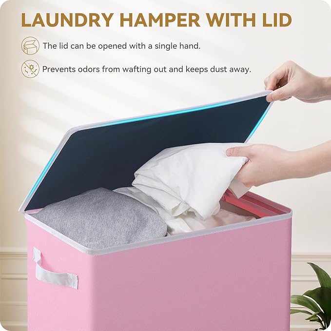 SOLEDI Slim Laundry Hamper with Lid, Narrow Laundry Basket with Removable Bags, Dirty Clothes Hamper with handle, Small Hamper perfect for Laundry room, Bathroom, Bedroom, Small spaces. 70L Pink