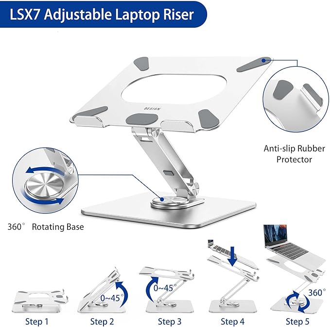 BESIGN LSX7 Laptop Stand with 360 Rotating Base, Ergonomic Adjustable Notebook Riser Holder Compatible with Air, Pro, Dell, HP, Lenovo More 10-15.6" Laptops (Silver)