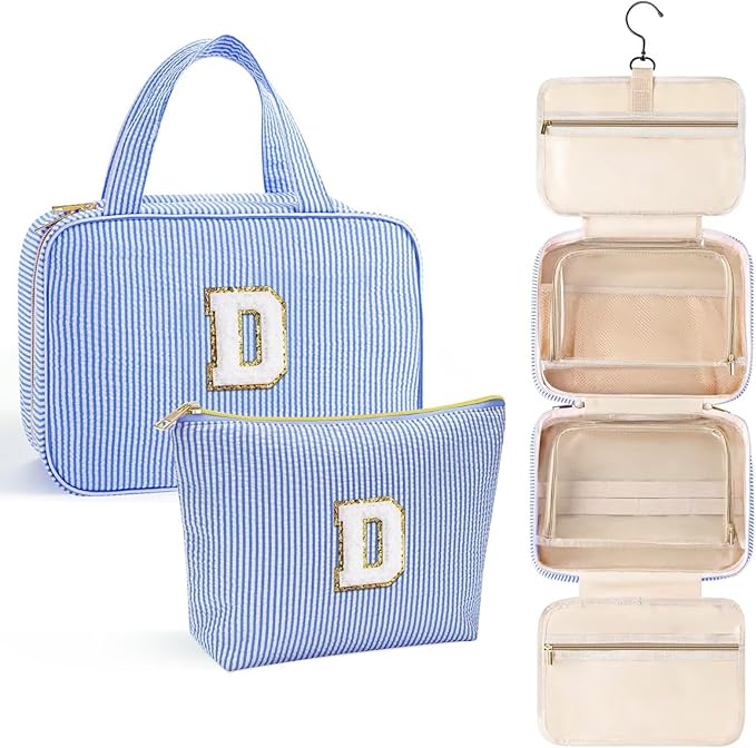 YOOLIFE Travel Toiletry Bag for Women - Hanging Toiletry Bag, Large Capacity Personalized Makeup Pouch, Travel Essentials - Letter D, Blue