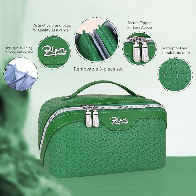 BOYATU Travel Makeup Bags for Women: Large Cosmetic Organizer Bag - Vegan Leather Make up Bag Set of 3 - Protable Toiletry Bags with Compartments (L19 Green)