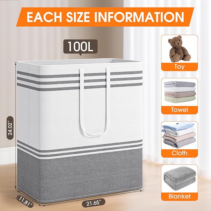 2 Pack Large Home Laundry Basket, Laundry Hamper, Freestanding Waterproof Dirty Clothes Bag, Tall Clothes Hamper - Extended & Reinforced Handles for College Dorm, Family (Light Grey/100L)
