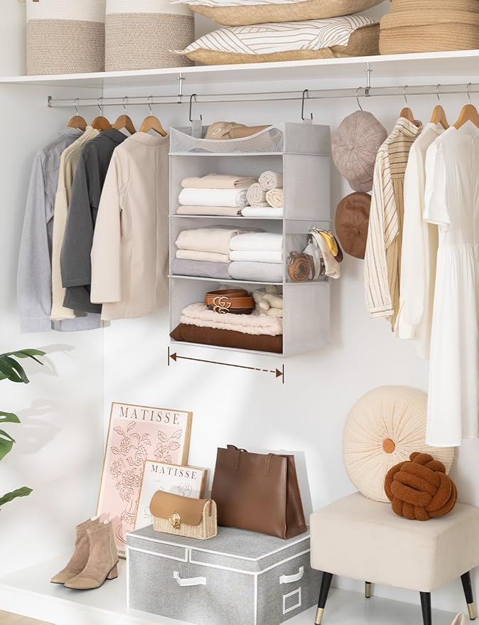 StorageWorks Hanging Closet Organizer, 3-Shelf Hanging Closet Shelves with Top Shelf, 19 ¾"W x 12" D x 31" H, Extra-Large Space, Light Grey