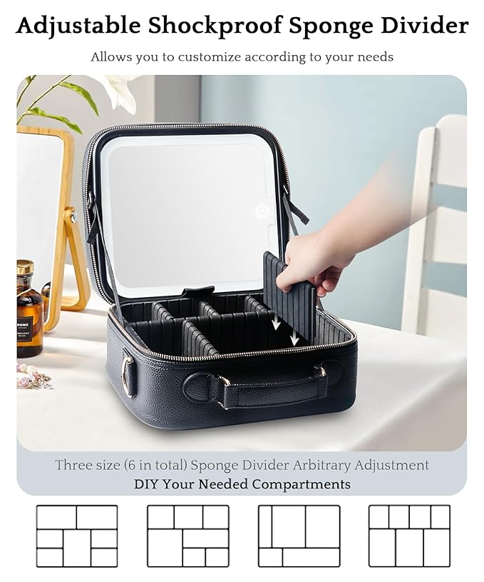 MOMIRA Travel Makeup Bag Cosmetic Bag with Lighted Mirror, Adjustable Brightness in 3 Color Scenarios/Detachable makeup mirror, All-round Upgrade, Waterproof, Gift for Women -Black