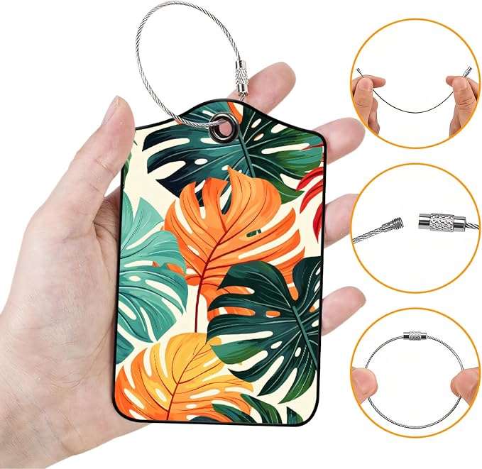 Luggage Tags for Suitcases, 2-Pack PU Leather for Cruise & Travel, Baggage ID Tags with Privacy Cover & Address Card, Durable Metal Ring, Kids Adults Travel Accessories, Vibrant Tropical Foliage