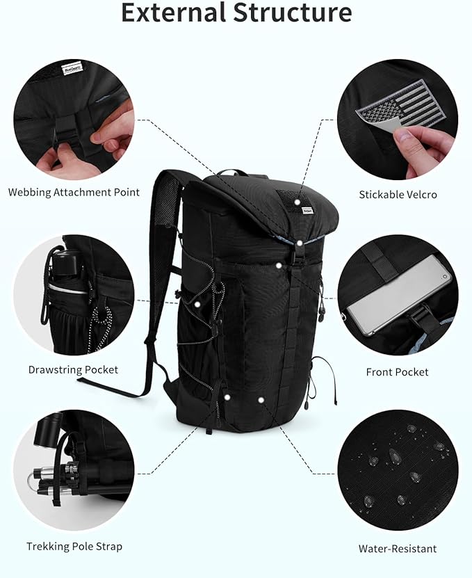 Blue Quartz Hiking Backpack 30L Lightweight Packable Backpack for Travel, Water Resistant Foldable Daypack for Women Men, Black