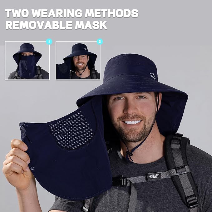Rosoz Sun Hat for Men Women with Neck Flap,Wide Brim UPF50+ Fishing Hat with Detachable Face Cover Outdoor Sun Protection Hat