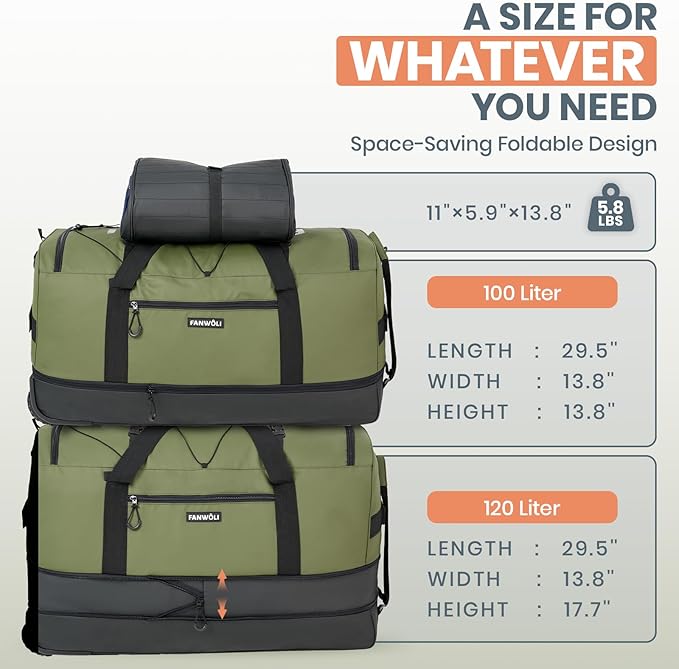 Fanwoli 30'' Rolling Duffel Bag with 2 Wheels - No-Sag Design for Heavy Loads, Expandable 100L-120L Waterproof Luggage, Foldable Lightweight Design with Muti Straps & Lock for Travel