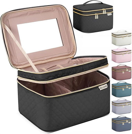 Large Makeup Bag with Mirror Double Layer Travel Make Up Organizer Case, Large Capacity Coemetic Bag with Brush Slot Divider