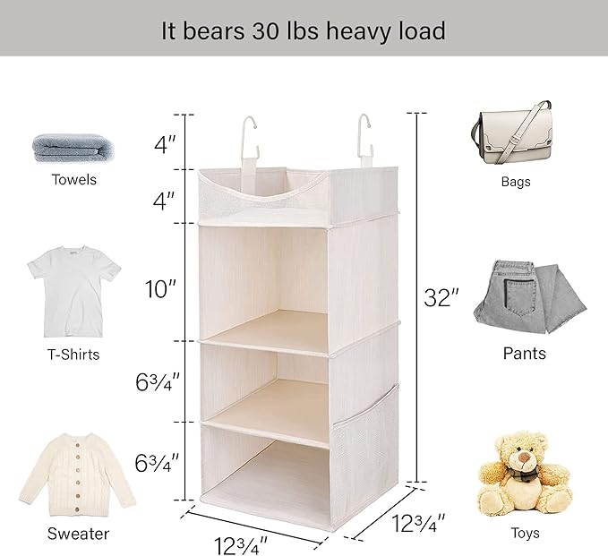 StorageWorks 3-Shelf Hanging Closet Organizer, Adjustable Hanging Closet Organizers and Storage, 12 ¾”W x 12 ¾”D x 32”H, White & Ivory