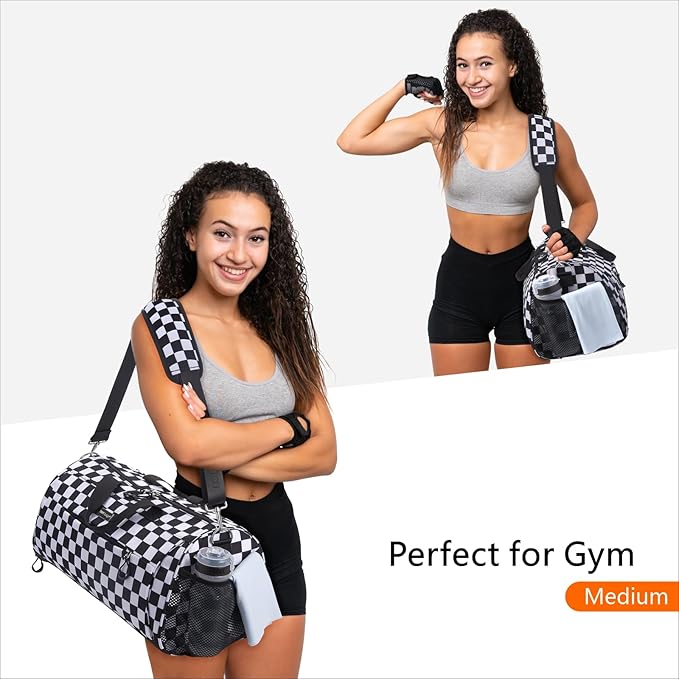 TOPDesign Gym Bag for Women & Men, Unisex Duffel Bag with Shoe Compartment & Wet Pocket for Travel Sports Gym (L Checkerboard)