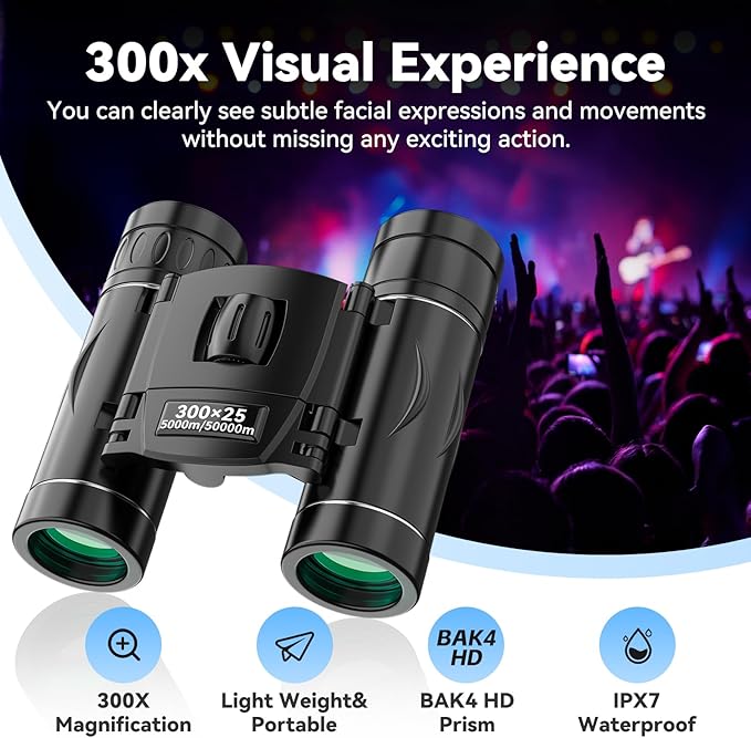 300x25 Binoculars for Adults and Kids, High Powered Mini Pocket Binoculars with Phone Adapter, Waterproof Compact Telescope for Bird Watching, Hunting, Concert, Theater, Opera, Traveling, Sightseeing