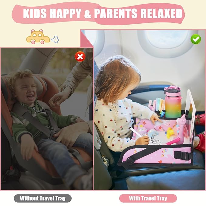 Upgraded Kids Travel Tray for Car Seat - Travel Tray for Airplane, Toddler Lap Tray, Carseat Lap Desk for Kids Road Trip Activities, Pink Unicorn - 2 PCS