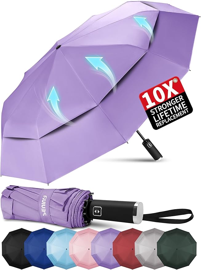 Seniny Windproof Travel Umbrella, Double Vented Canopy Large Umbrellas for Rain, Automatic Compact Umbrella for Car Backpack, Portable Pocket UV Umbrellas for Sun Protection Walking, Lightweight