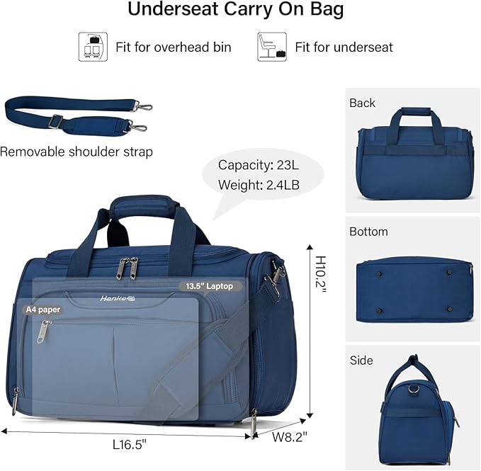 Hanke Underseat Carry On luggage Bags for Travel, Foldable Travel Bags for Women, Soft Lightweight Personal Item Travel Bag Small Carry On Bags for Airplanes, Travel Tote Bags for Women Men.（Blue）