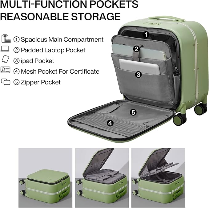 mixi Carry On Luggage, 18'' Suitcases with Spinner Wheels, Rolling Travel Suitcase with Front Laptop Pocket Luggage Aluminum Frame PC Hardside with TSA Lock and Cover, Avocado Green
