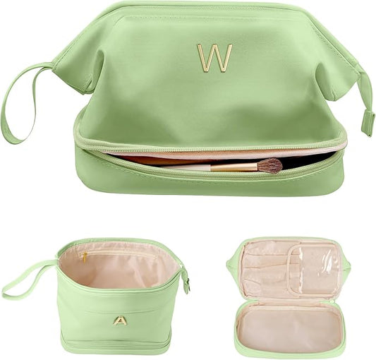 Gifts for Teen Girls 16-18, Initial Large Makeup Bag, Bride To Be Gifts, Double Layer Cosmetic Bag, Waterproof PU Travel Toiletry Bag for Bachelorette Party Women Wedding Bridal, Bride Gifts