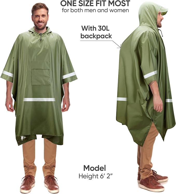 PTEROMY Hooded Rain Poncho for Adult with Pocket, Waterproof Lightweight Unisex Raincoat for Hiking Camping Emergency