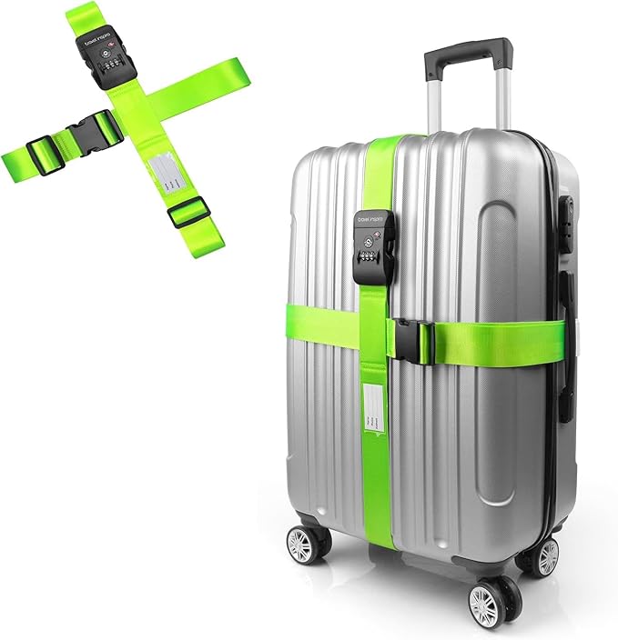 Luggage Straps with TSA Lock, Travel Belt for Luggage, TSA Approved Luggage Straps, 3-Dial Combination Locks Adjustable Suitcase Belt, Quick-Release Buckle (Green), 2 Pack