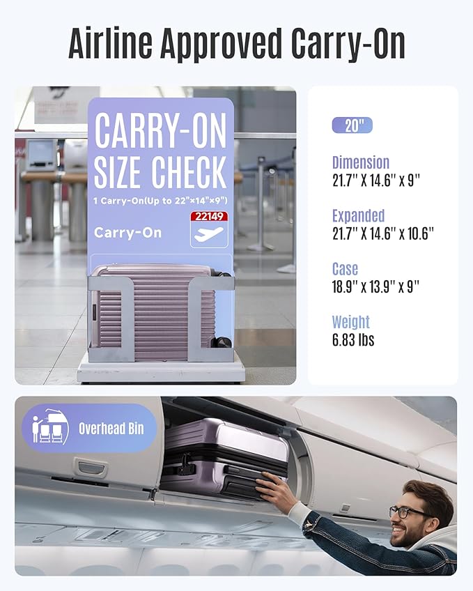 LIGHT FLIGHT Carry On Luggage 22x14x9 Airline Approved, Durable Hard Shell Carry On Suitcases with Wheels, Expandable Hardside Lightweight Travel Luggage with TSA Lock 20 Inch Carry on, Rose Purple