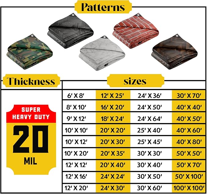 Core Tarps Extreme Heavy Duty 20 Mil Tarp Cover, Waterproof, UV Resistant, Rip and Tear Proof, Poly Tarpaulin with Reinforced Edges for Roof, Camping, Patio, Pool, Boat (Grey Wood/Black 12′ X 25′)
