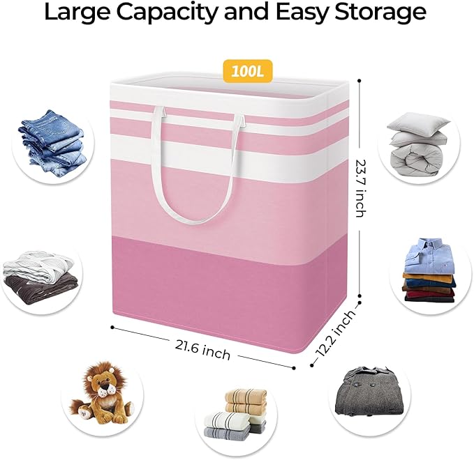HomeHacks 2 Pack Large Laundry Baskets, Waterproof, Freestanding Laundry Hampers, Collapsible Clothes Hamper with Reinforced Handles in Laundry, College Dorm, Bathroom, Bedroom (Grey+Pink, 100Lx2)