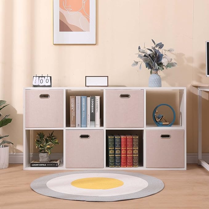 Cube Storage Bins 13×13 Linen Foldable Box with Handles, Collapsible Organization Basket Set of 4 Large Capacity Drawer for Closet Shelf Cabinet Bookcase Bedroom, Beige Sepia
