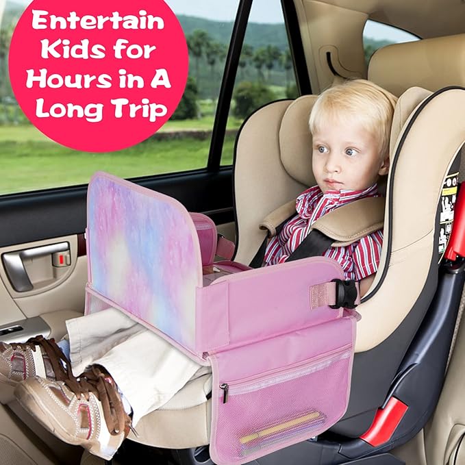 MENZOKE Kids Travel Tray, Car Seat Table Tray, Road Trip Essentials with Educational Drawing Board, Tablet Holder & Cooler Cup Holder, Travel Table for Kids Gifts in Car, Airplane, Multicoloured