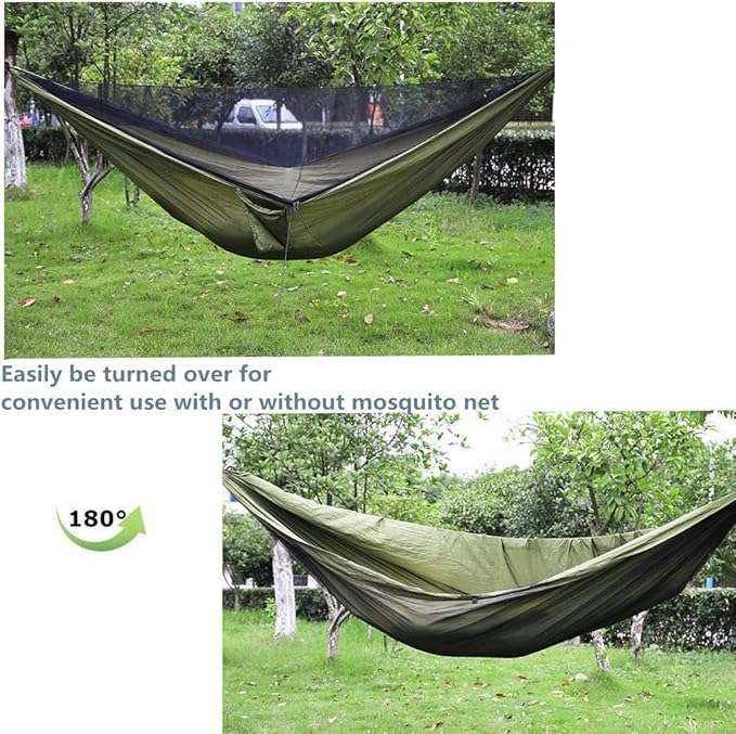 Camping Hammock with Rain Fly Tarp and Mosquito Net with Tree Straps Single &Double Portable Hammocks with Rain Cover for Indoor Outdoor Backpacking Hiking Travel Yard Activities Green