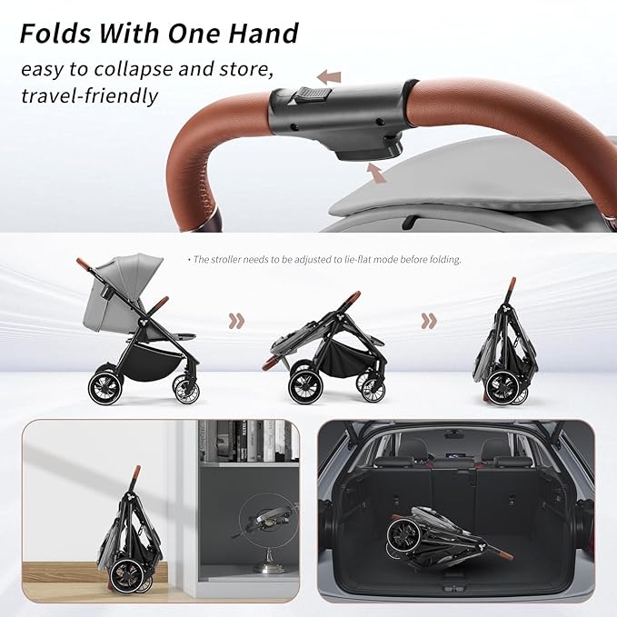Tinyiota Baby Stroller, Infant Stroller with Large UPF 50+ Canopy,Luxury Pram Strollers with Leather Handle & Spacious Seat, One-Hand Foldable Pushchair, Toddler Carriage with Lie-Flat Mode(Gray)