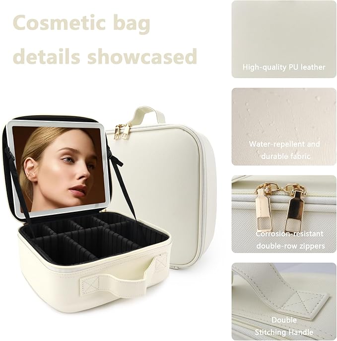 Travel Makeup Bag with LED Lighted Mirror, Travel Makeup Organizer,3 Color Setting Cosmetic Makeup Box, Adjustable Dividers and Brush Holder（white）