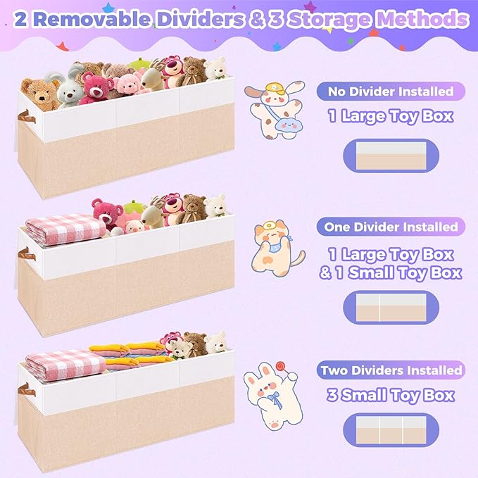 Extra Large Toy Storage Box with Lid, Collapsible Sturdy Toys Chest Storage Organizer Bin Basket with Divider for Kids, Boys, Girls, Closet, Playroom, Bedroom, Nursery, 40"X14"X16", Beige & White
