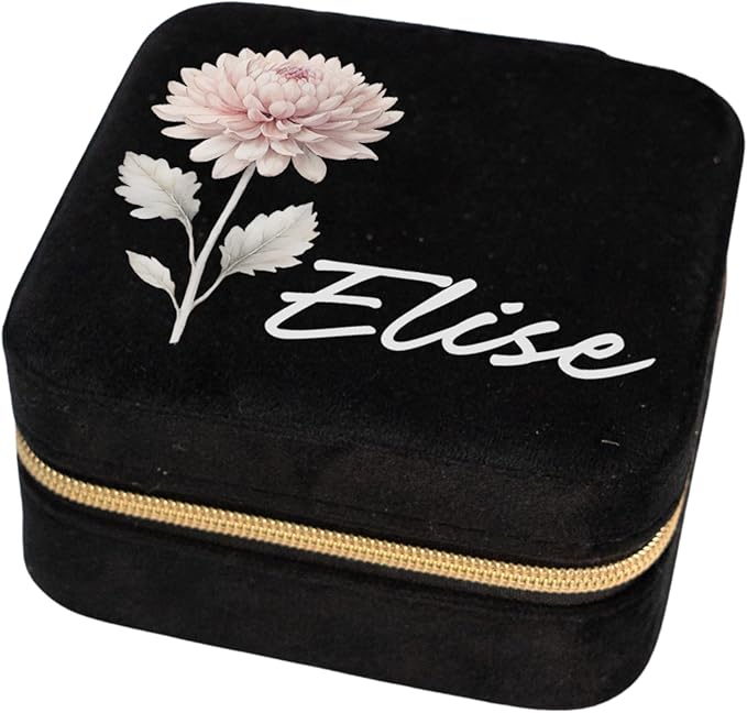 Custom Birth Month Flower Jewelry Box with Name, Plush Velvet Travel Jewelry Case Organizer, Personalized Birth Month Flower, Women's Favorite Things, Gifts For Daughter, Girlfriend, Mom and For Her