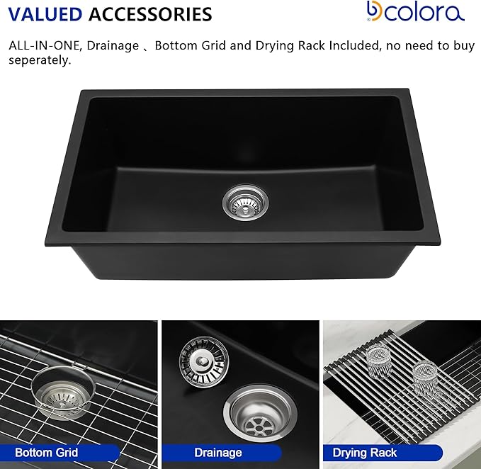 Dcolora 31 Inch Quartz Composite Black Kitchen Sink Undermount Sink Deep Single Bowl, 31"x18" Round Corner, DC-GU7748