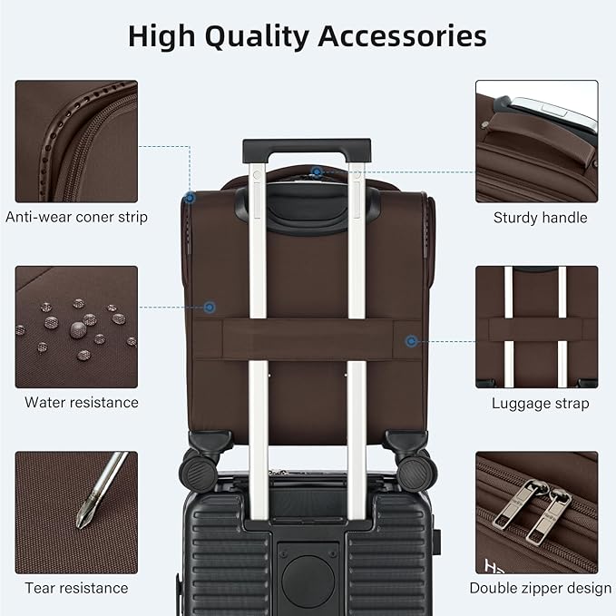 16 Inch Underseat Carry On Luggage with Wheels Softside Small Suitcases Personal Item Bag with Pocket Travel Luggage for Men Women Business Overnight Bag(Coffee)