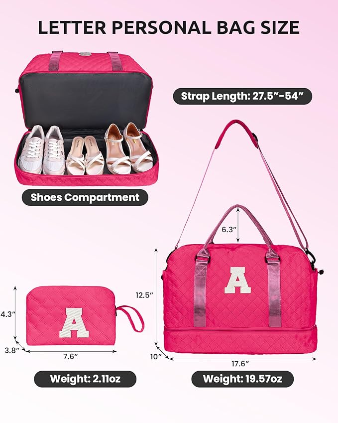 Gifts for Girls 12-14, Birthday Gift-Initial Travel Bag with Shoe Compartment, Personalized Weekender Bag, Monogram Overnight Bag for Women, Letter Travel Bag with Makeup Bag (Letter T)