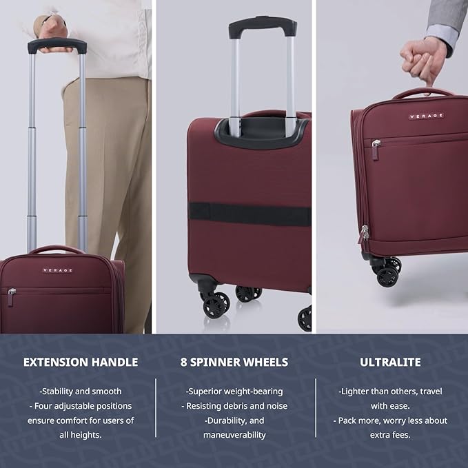 Verage Underseat Carry On Luggage with Wheels, 14.5-Inch Spinner Small Suitcase, Softside Lightweight Travel Bag for Men and Women, Airplane Carry On Bag, Burgundy Red