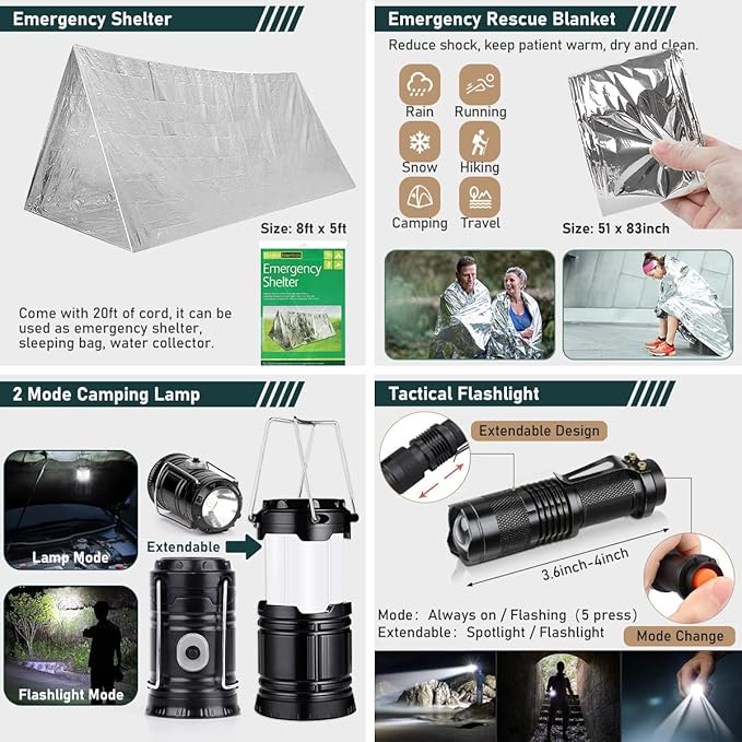 Survival Kit, 262Pcs Survival Gear and Supplies with First Aid Kit Pouch and Crossbody Bag, Emergency Kit with Tent, Camping Axe Hammer, Survival Shovel w/Pick, Bug Out Bag Gifts for Men Women