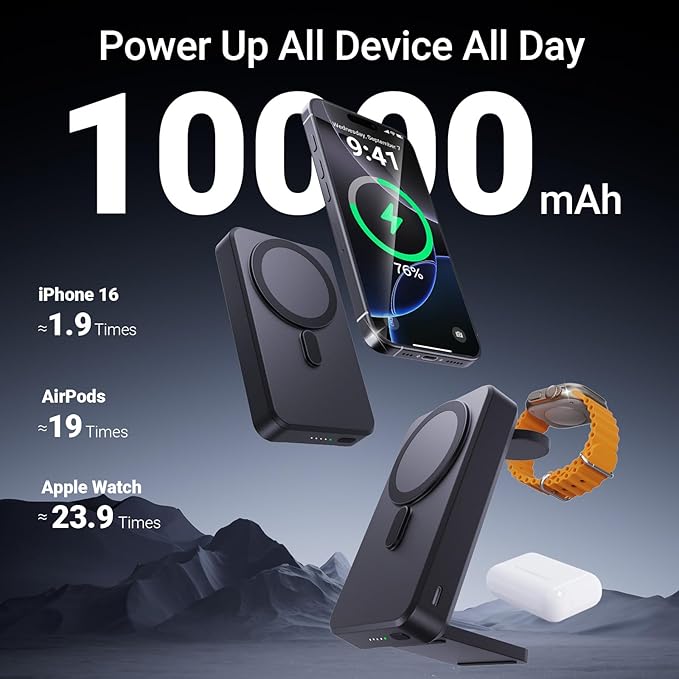 3-in-1 Portable Charger, 10000mAh Foldable Power Bank Fast Charging,MagSafe Charger Battery Pack Magnetic,Travel Wireless Charging Station for iPhone 16/15/14/13/12,iWatch, Air pods, Black