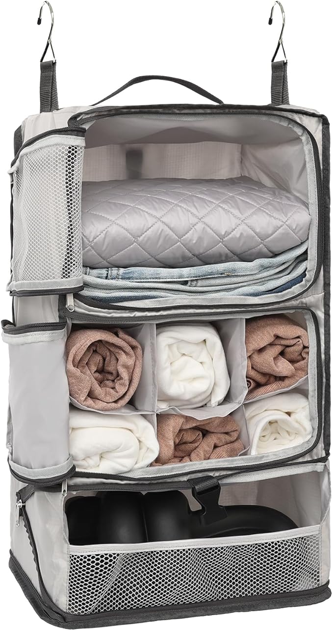 TABITORA Travel Portable Hanging Shelves Closet Organizer Packing Luggage Storage with Multifunctional and Foldable Invisible Compartment,Lightweight, for Suitcase, RV,Closet…lightgrey,XL