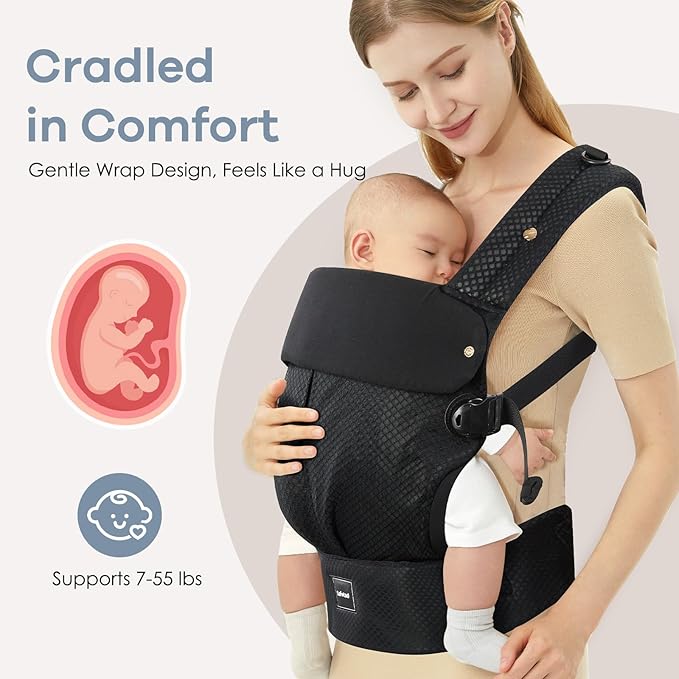 Baby Carrier with Lumbar Support, Cozy Baby Carrier Newborn to Toddler with Adjustable Seat Size, Ergonomic Infant Carrier with 3-Way Carry, Front Facing Toddler Hodler Carrier for Mom & Dad, Black