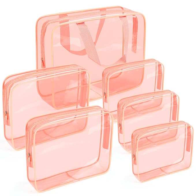 APREUTY Clear Makeup Bags, TSA Approved 6 Pcs Cosmetic Makeup Bags Set Clear PVC with Zipper Handle Portable Travel Luggage Pouch Airport Airline Vacation Organization (Peach)