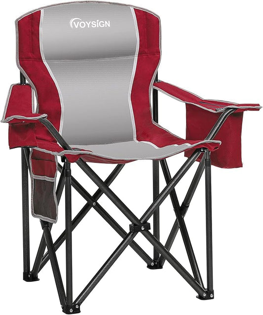 Padded Camping Chairs for Adults, Oversized Folding Outdoor Chairs Red Color, Weight Capacity 475lbs, with Cooler Bag, Cup Holder, Storage Pocket, Carry Bag