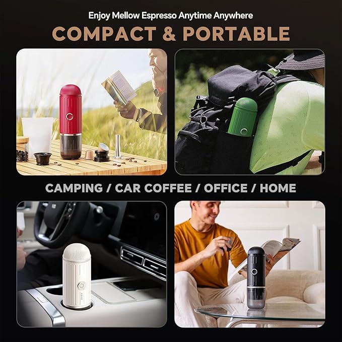 Portable Coffee Maker Travel Espresso Machine 120W Red Color, 19 Bar Pressure 7500mAh Rechargeable Battery Version Portable On the Go for Camping, Driving, Home and Office Travelling