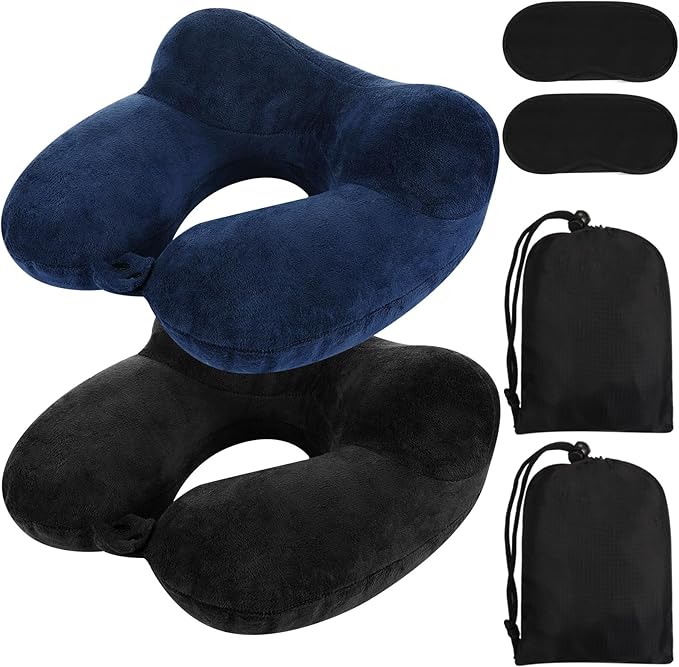 Sintuff 2 Pack Inflatable Travel Pillow for Airplanes Inflatable Neck Flight Pillows with Compact Bag and Blindfold for Traveling, Airplane, Train, Car, Office(Black and Blue)